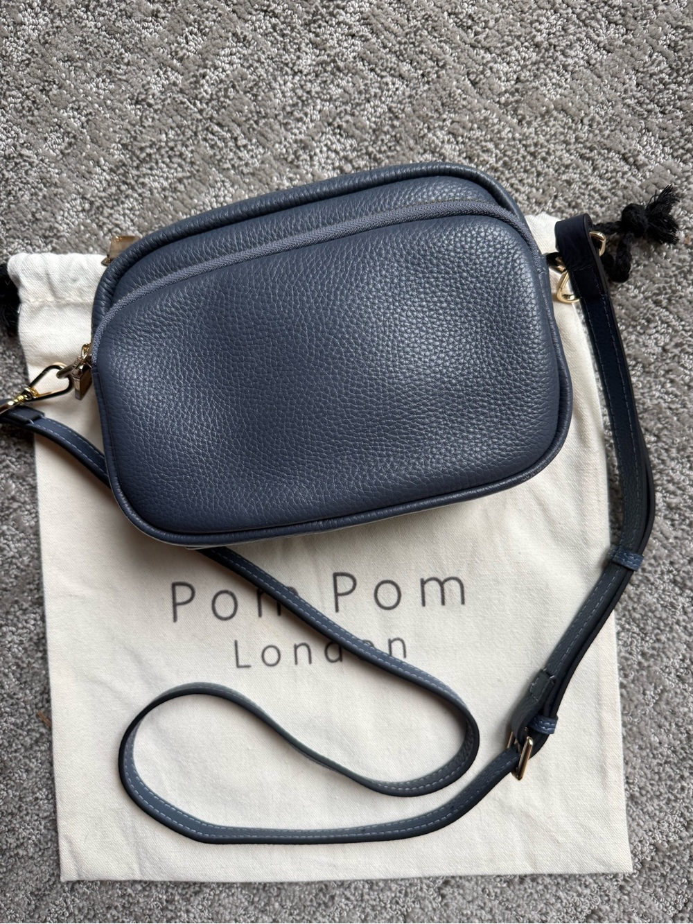 Pom Pom London Navy Pebbled Leather Crossbody Bag